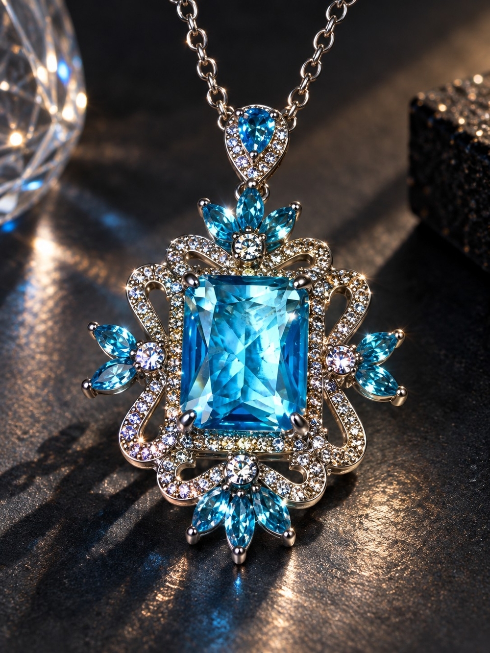 Silver Blue Topaz Style Pendant Necklace